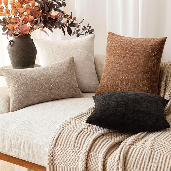 Foindtower Pack of 2 Soft Textured Chenille Throw Decorative Pillow Covers Square Accent Solid Cushion Cover Neutral Lumbar Pillow Case for Couch Sofa Bedroom Living Room 12x24 Inch,Taupe Khaki Camel