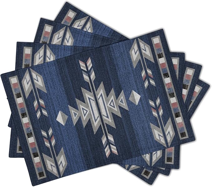 Giwawa Southwestern Placemats Set of 4, Navy Blue Grey Ethnic Tribal Geometric Decorative Place Mat, 12"x18" Native American Heat Resistant Table Mats for Dining Kitchen Party