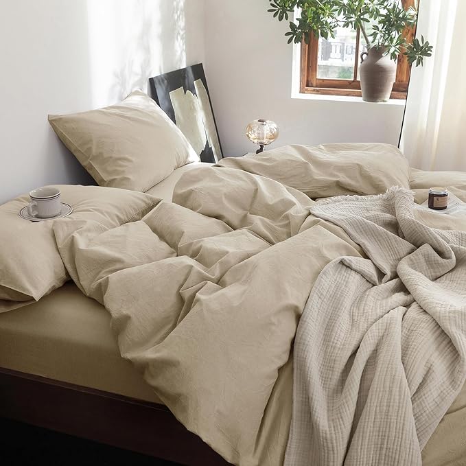 FOSSA Duvet Cover Set 100% Washed Cotton Linen Feel Super Soft Breathable Cozy 3 Pieces Bedding Sets Solid Light Khaki Queen