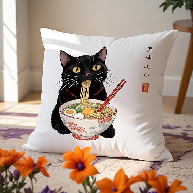 Funny Anime Vintage Black Cat Japanese Ramen Noodles Pillow Covers 18x18, Aesthetic Black Cat Art Painting Decor Pillow Covers for Room Bedroom