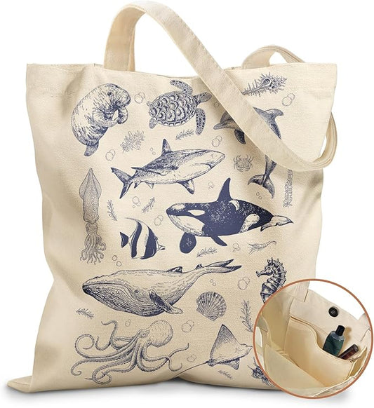 Aesthetic Tote Bag for Girls - with Magnetic Buckle and Zipper Inner Pocket for Women Lady Canvas Cotton Tote Bag