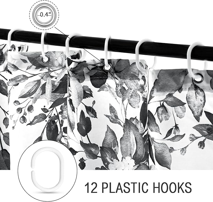 Gibelle Black and White Eucalyptus Shower Curtain, Grey Watercolor Plant Leaves with Floral Bathroom Shower Curtain Set with Hooks, 72x72