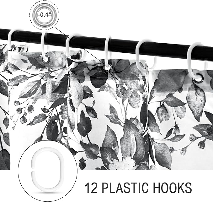 Gibelle Long Shower Curtain 72 x 78, Black and White Floral Shower Curtain, Watercolor Plant Eucalyptus Leaves Fabric Shower Curtain Set with Hooks
