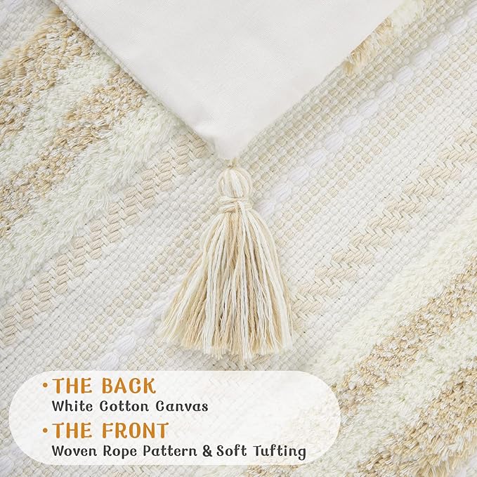 decorUhome Decorative Boho Throw Pillow Cover 20x20, Accent Neutral Textured Tufted Pillow Cover Striped for Couch Bed Sofa, Khaki and Cream White, Pack of 1