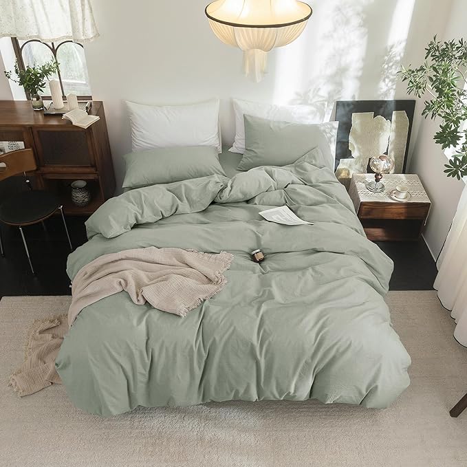 FOSSA Duvet Cover Set 100% Washed Cotton Linen Feel Super Soft Breathable Cozy 3 Pieces Bedding Sets Solid Sage Green Oversized King