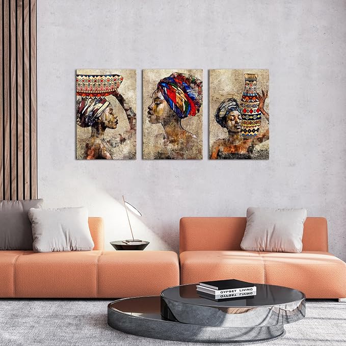 Biuteawal 3 Pieces African American Wall Art Tribal Black Girl Ethnic Style Picture Vintage Brown Artwork Abstract Painting for Bedroom Home Decor Stretched and Framed Ready to Hang
