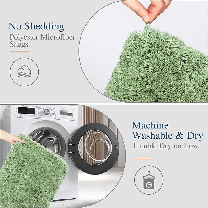 Walensee Non Slip Bath Mat (16 x 24, Sage Green) Soft Microfiber Shaggy Bath Mat Water Absorbent Machine Washable Thick Plush Shower Rug