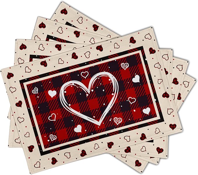 Giwawa Valentine Decorative Placemats Set of 4-12"x18" Love Heart Place Mat with Red Black Buffalo Plaids- Romantic Wedding Anniversary Linen Table Mats for Kitchen Dining Holiday Decor