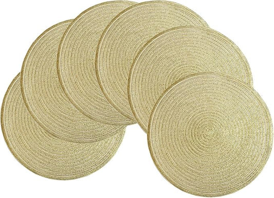 SHACOS Gold Glitter Round Placemats Set of 6 Bling Circle Place Mats Washable Table Mats for Christmas Holiday Party Wedding Shower Table Decor (6, Gold)