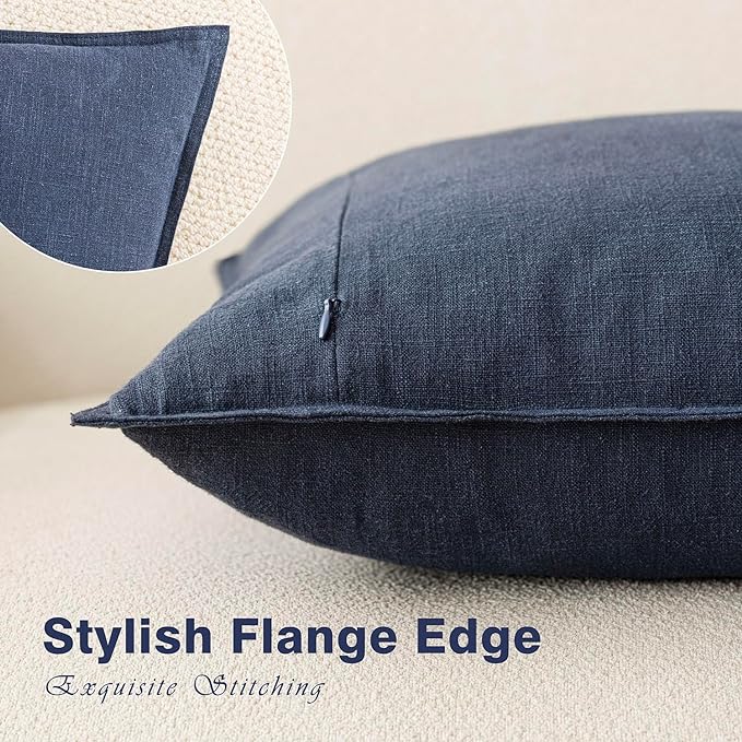 Foindtower Pack of 2, Decorative Linen Soild Throw Pillow Covers Soft Accent Square Cushion Case Boho Farmhouse Pillowcase for Chair Couch Sofa Bedroom Living Room Home Decor 18 x 18 Inch Navy Blue