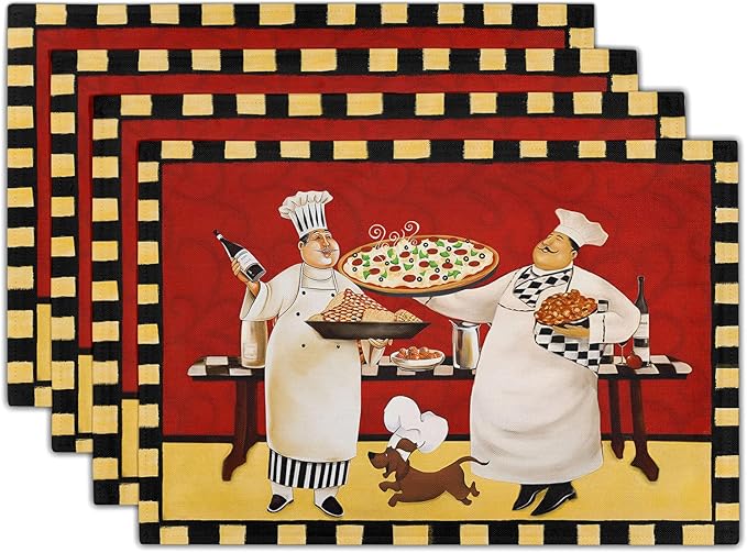Giwawa Fat Chef Placemats Italian Pizza Bistro Anti-Fatigue Red Wine Linen Table Mat Set of 4 Cooking Food Heat Stain Resistant Place Mats for Dining Kitchen Party Holiday Decoration