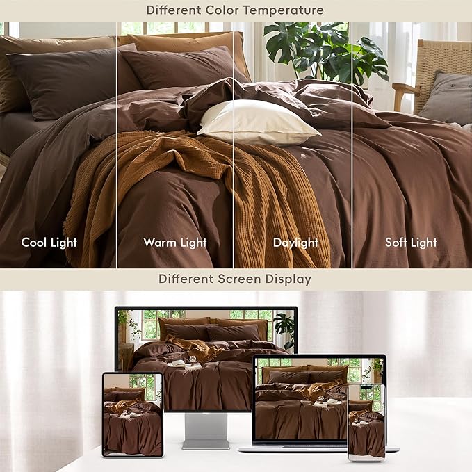 MooMee Bedding Duvet Cover Set 100% Washed Cotton Linen Like Textured Breathable Durable Soft Comfy (Solid Cocoa Brown, Cal King 104"x98")