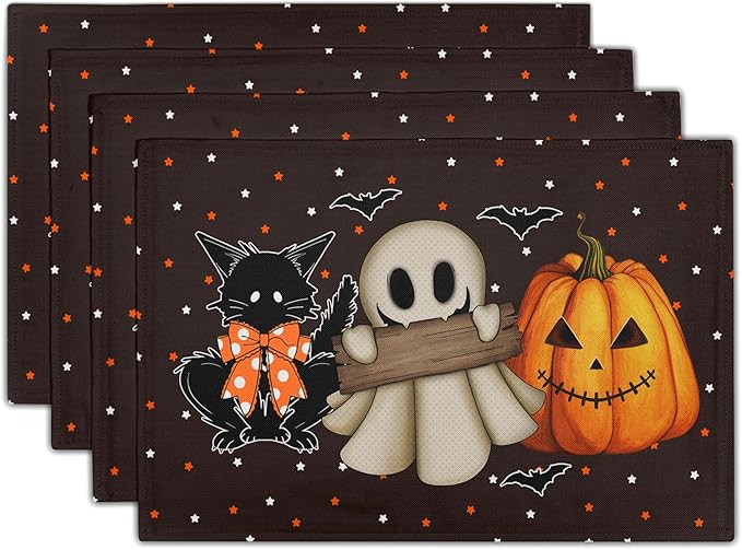 Giwawa Halloween Placemats Set of 4 Spooky Pumpkin Ghost Black Cat Bats Place Mat 12x18inch for Kitchen Tabletop Indoor Outdoor Non Slip Heat Resistant Table Mats for Dining Holiday Decor