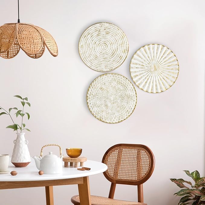 Briful 12" Wall Décor Pack of 3 Metal White Washed Starbursts Radial Plate Wall Art Modern Accent Hanging Wall Decorations For Home Office Bedroom Or Living Room Wall Sculptures