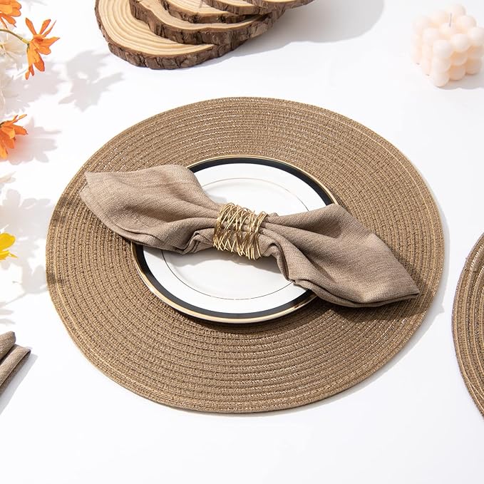 SHACOS Round Braided Placemats Set of 8 Washable 15 inch Round Table Mats Woven Place Mats for Dining Table (Brown, 8)