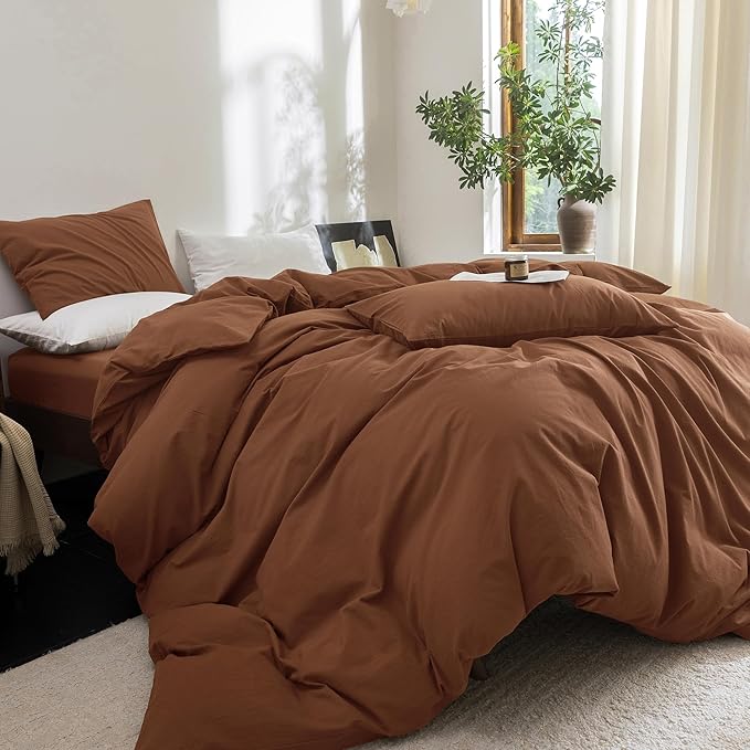 FOSSA Duvet Cover Set 100% Washed Cotton Linen Feel Super Soft Breathable Cozy 3 Pieces Bedding Sets Solid Dark Orange Oversized King