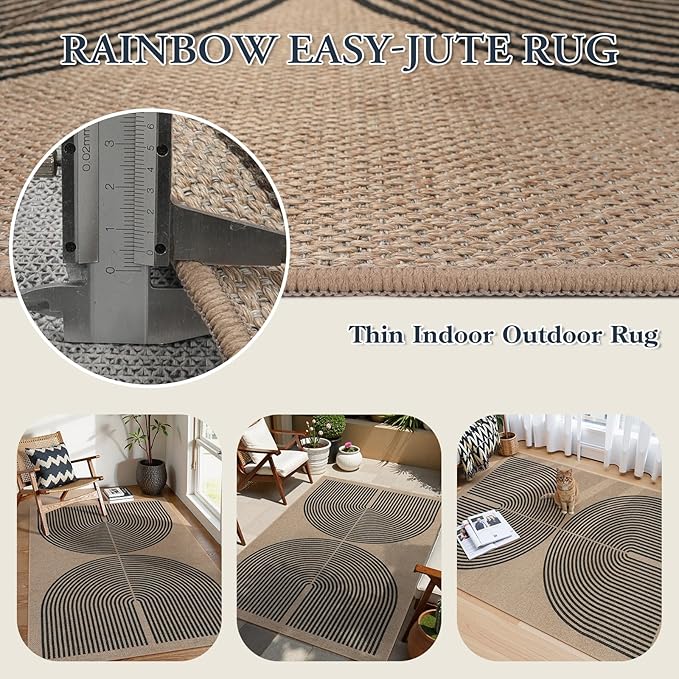 Lahome Modern Rainbow Easy Jute Office Rug, Outdoor Patio Rug 4x6 for Living Room Washable Carpet for Bedroom, Farmhouse Contemporary Non Slip Non Shedding Black Carpet for Backyard