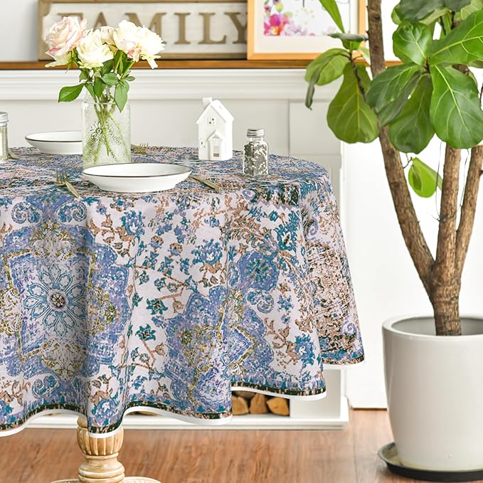 Horaldaily Boho Bohemia Style Tablecloth 70×70 Inch Round, Blue Vintage Country Rustic Farmhouse Magical Fall Orange Washable Seasonal Table Cover for Party Picnic Dinner Decor