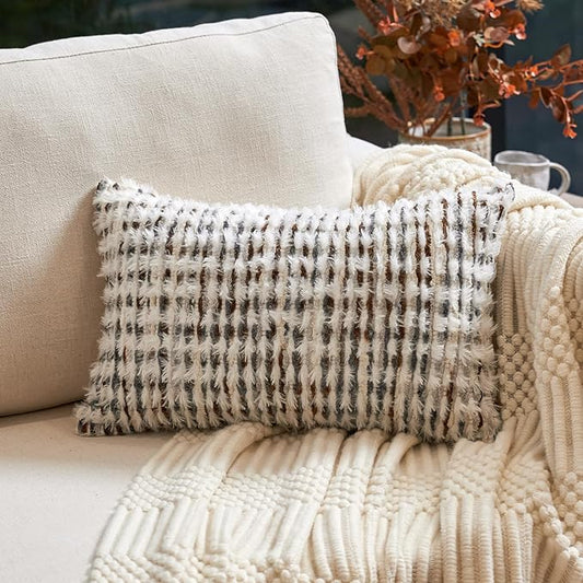 Aeckself Boho Chenille Tufted Pillow Cover 12 x 20 Inch, Rectangle Decorative Lumbar Throw Pillow Cover Neutral Pillowcase for Couch Bedroom Living Room, Brown White