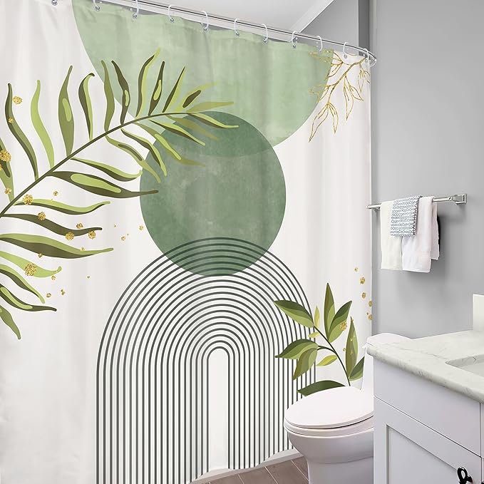 Sage Green Boho Shower Curtain 72Wx78H Modern Bohemian Abstract Leaves Olive Dark Green Mid Century Plant Bathroom Decor Minimalist Geometric Arch Bath Curtain Fabric Polyester 12 Pack Hooks