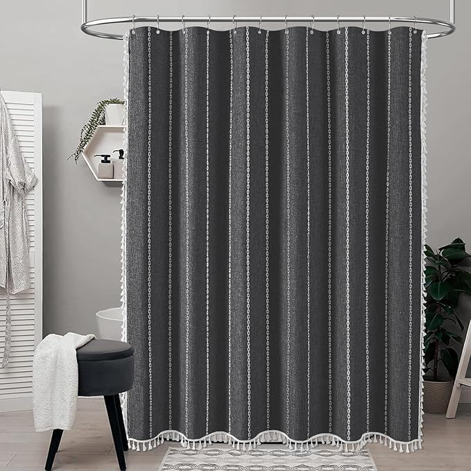 BTTN Stall Fabric Shower Curtain - 54x78 Boho Striped Linen Heavy Duty Tassel Shower Curtain Set with 10 Hook, Narrow Rustic Modern Farmhouse Bohemian Cloth Shower Curtain for Bathroom - Charcoal Grey