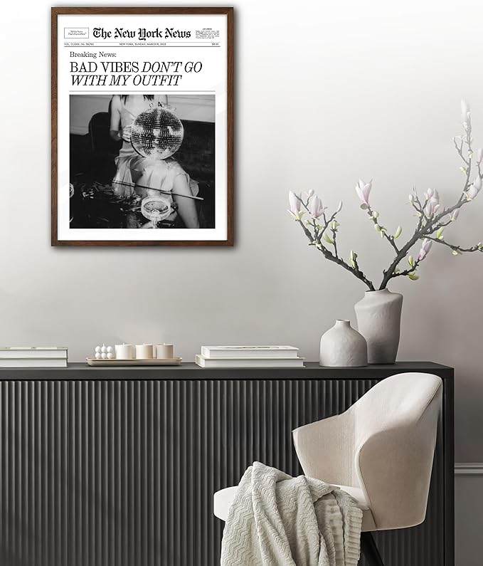 EcoHest Trendy Newspaper Magazine Framed Wall Art, 12x16 in Walnut Color OAK Wood Bad Vibes Don't Go With My Outfit Disco Bar Canvas Wall Art, Preppy Retro Decor For Bedroom Living Room 1Pack