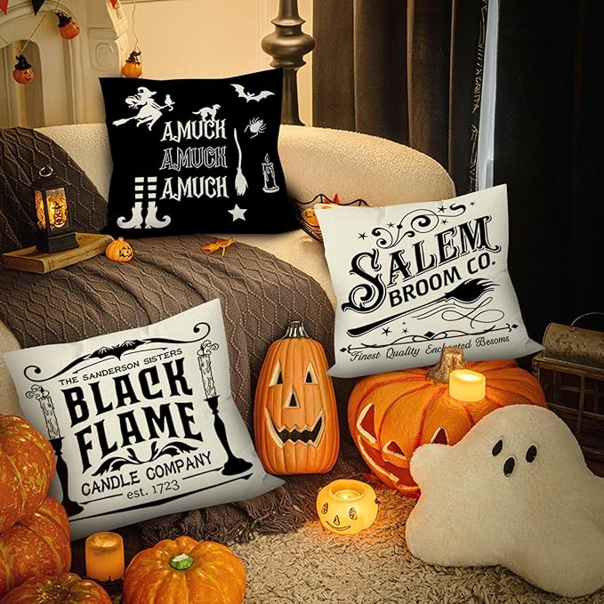 Halloween Pillow Covers 18x18 Inch Set of 6, Indoor Halloween Decorations, Black White Farmhouse Saying Throw Pillow Cover, Scary Pillowcase for Seaonal Party Couch Home Decor