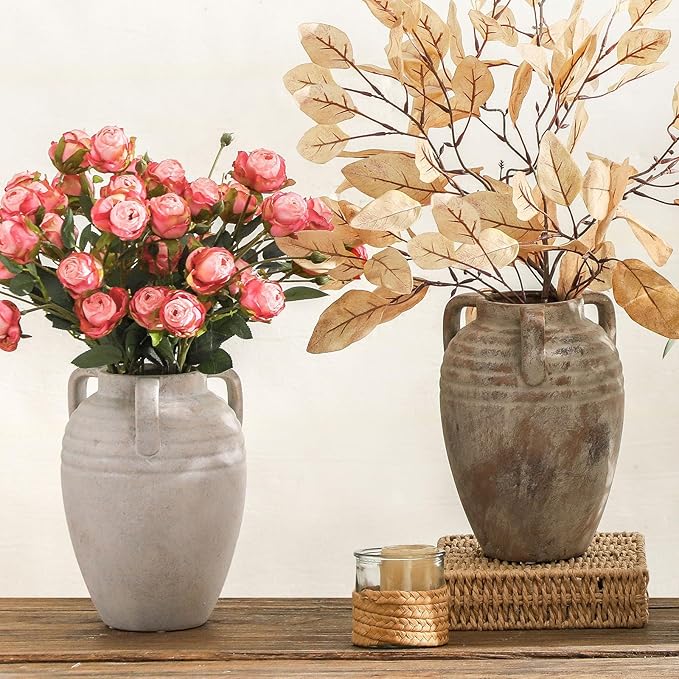 Ceramic Flower Vase Home Decor - 8.7" Farmhouse Flower Vases Rustic Vintage Aesthetic Modern for Table Living Room Kitchen Bedroom Decoration House Desk Decorative Accessories Gift (Rustic)