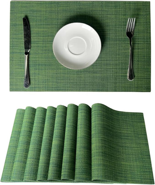 WAZAIGUR Placemats Set of 8 for Dining Table Heat-Resistant Washable Place Mats Woven Vinyl Kitchen Table Mats Easy to Clean,Hunter Green