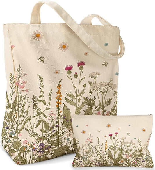 Aesthetic 2 Pack Canvas Tote Bag - with Makeup Zipper Pouch for Women Bag for Shopping, Gym, Travel, Vacation