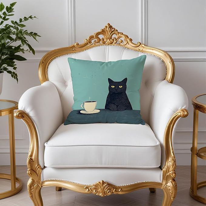 Black Cat Pillow Covers 18x18，Cat Lovers Mom Grandma Gifts for Mother's Day, Black Cats with a Cup Pillow Covers for Home Bedroom Living Room Office Decor