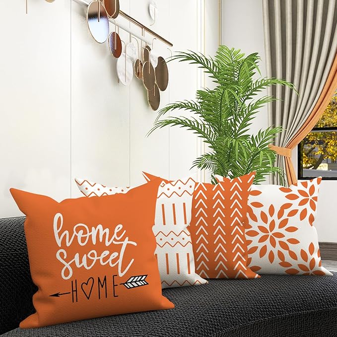 YCOLL Fall Pillow Covers 18x18 Set of 4, Modern Sofa Throw Pillow Cover for Fall Decor, Decorative Outdoor Linen Fabric Pillow Case for Couch Bed Car, Orange