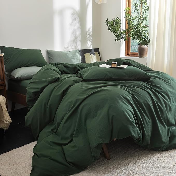 FOSSA Duvet Cover Set 100% Washed Cotton Linen Feel Super Soft Breathable Cozy 3 Pieces Bedding Sets Solid Forest Green King