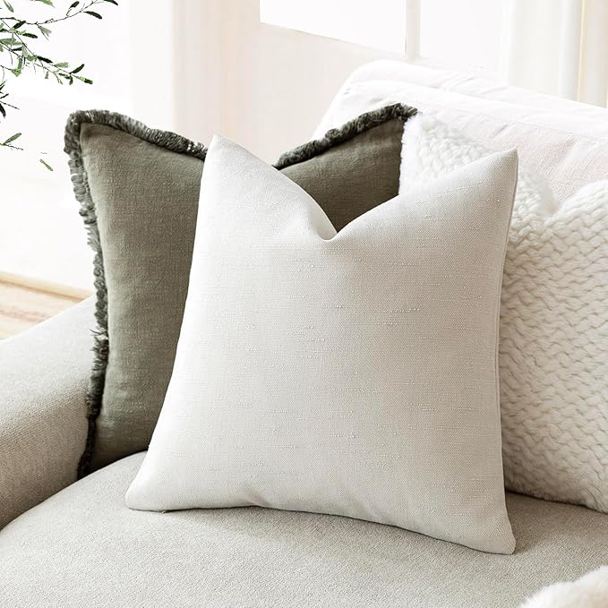 Foindtower Pack of 2 Soft Textured Chenille Throw Decorative Pillow Covers Square Accent Solid Cushion Cover Cozy Neutral Farmhouse Pillow Case for Couch Bedroom Living Room 24x24 Inch, Ivory White