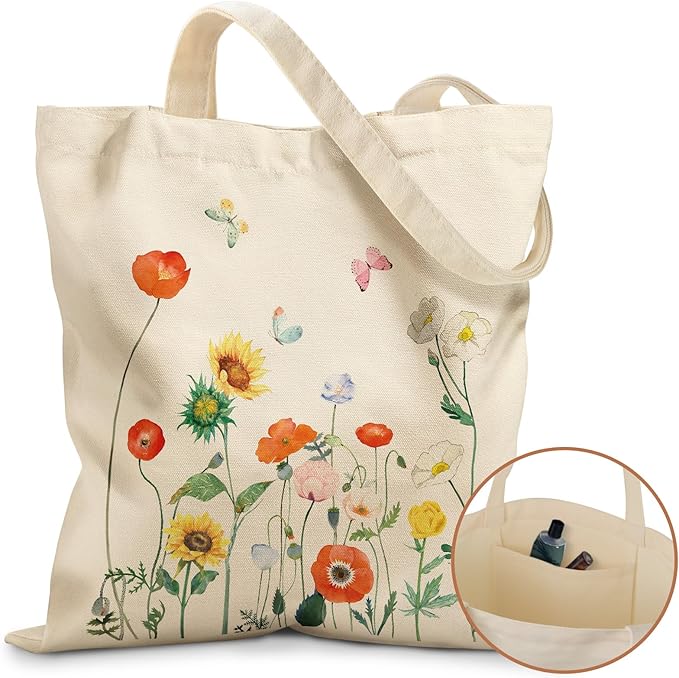 Canvas Tote Bag for Women - Aesthetic Canvas Totes with Pockets Cute Reusable Cloths Ladies Shoulder Bag