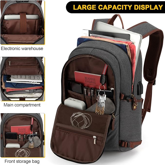 Canvas Laptop Backpack-Anti Theft Bag for Men Women,Rucksack Fits 15.6Inch Laptop, Work Travel with USB Charging Port and Lock