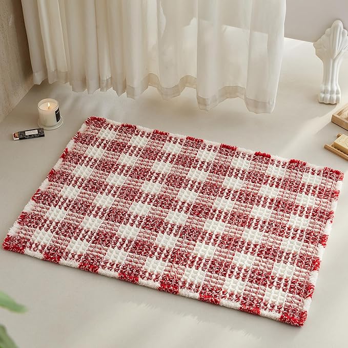 Waffle Bath Mat, Boho Bathroom Rugs Non Slip Washable Absorbent Checkered Bathroom Mat Quick Dry Cute Bath Mat, 36"x24" Red and White