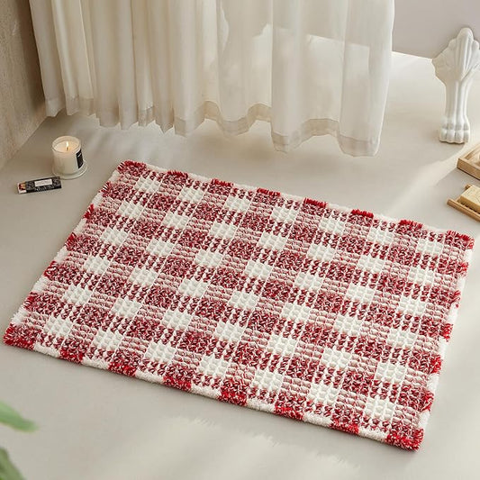 Waffle Bath Mat, Boho Bathroom Rugs Non Slip Washable Absorbent Checkered Bathroom Mat Quick Dry Cute Bath Mat, 36"x24" Red and White