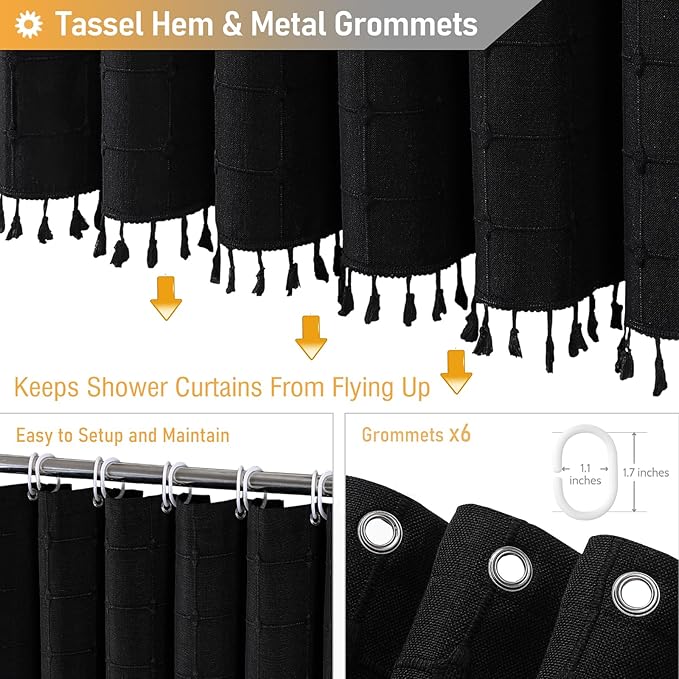 BTTN Boho Shower Stall Curtain - 36x72 Narrow Linen Ultra Thick Tassel Fabric Shower Curtain Set with 6 Plastic Hooks, Half Modern Farmhouse Country Weighted Shower Curtains for Bathroom - Black