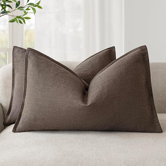Foindtower Pack of 2, Decorative Linen Soild Throw Pillow Covers Soft Accent Cushion Case Boho Farmhouse Neutral Pillowcase for Couch Sofa Bedroom Living Room Home Decor 18 x 18 Inch Reddish Brown