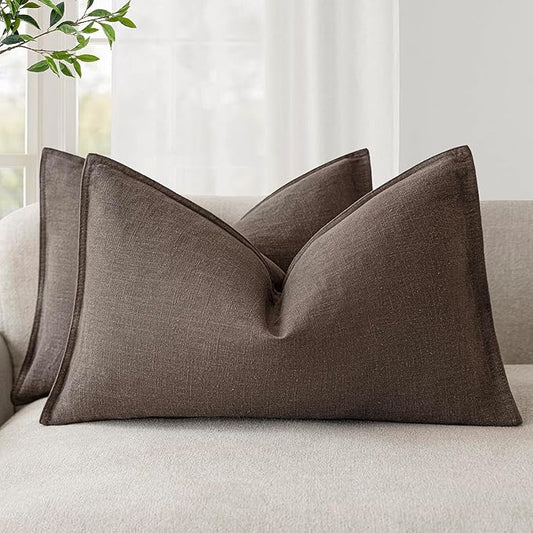 Foindtower Pack of 2, Decorative Linen Soild Throw Pillow Covers Soft Accent Cushion Case Boho Farmhouse Neutral Pillowcase for Couch Sofa Bedroom Living Room Home Decor 12 x 20 Inch Reddish Brown