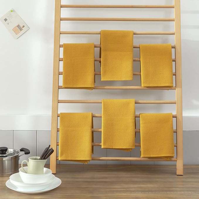QUILTINA Dish Towels Set,100% Cotton Waffle Weave Kitchen Towels 6 Pack,17 x 25 Inches Dish Towels for Kitchen,Super Absorbent for Drying and Cleaning (Mustard Yellow)