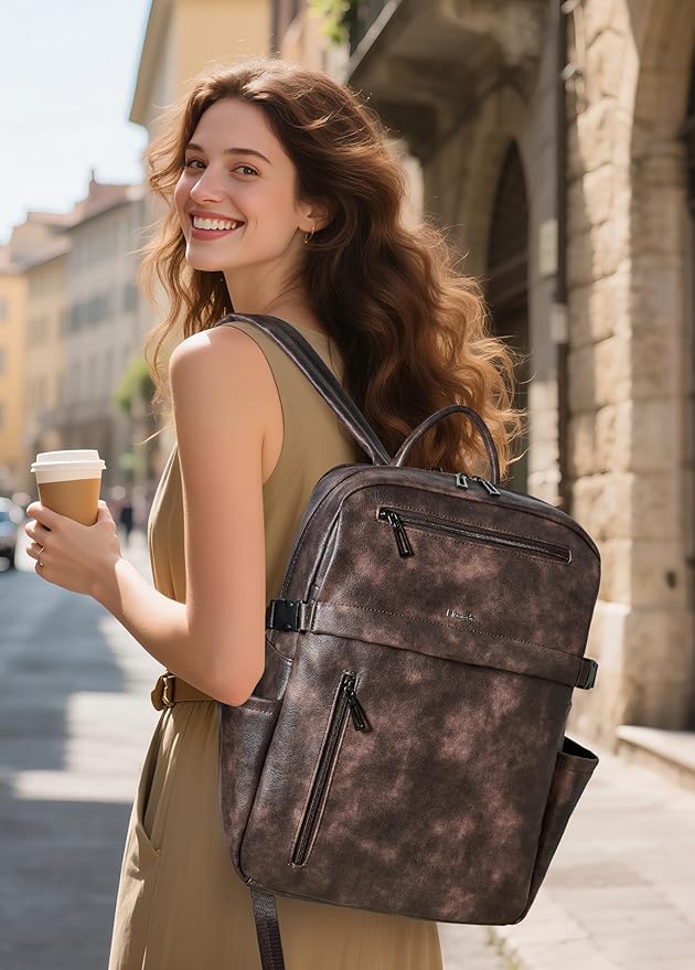 Leather Laptop Backpack for Women, 15.6 Inch Laptop Travel Backpack Purse Large Capacity Computer Bag, Casual Daypack Nurse Bag College Bookbag for School, Coffee
