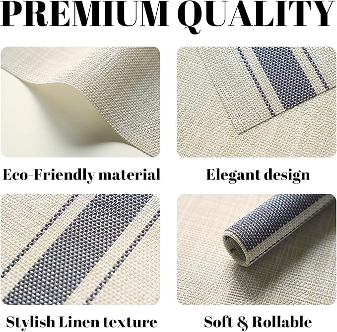 Placemats Set of 8 Vinyl/Plastic Woven Place Mats for Kitchen Table Indoor/Outdoor Washable Placemat Wipeable Dining Table Mats (Khaki Blue,8)