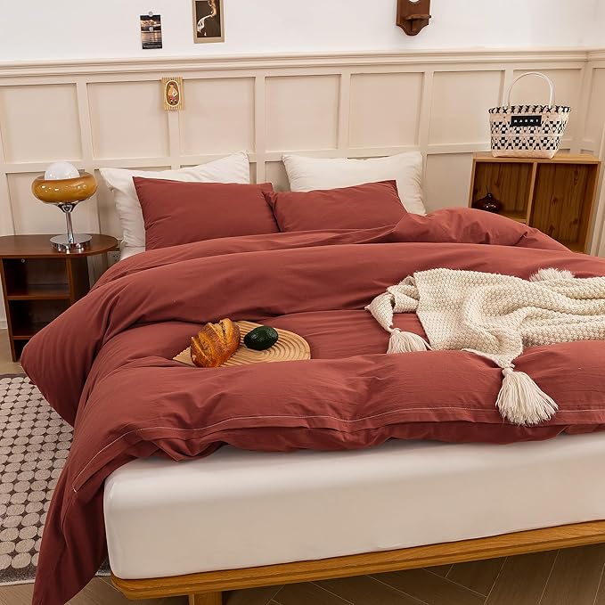 ECOCOTT Duvet Cover Oversized King Size - Linen Feel Textured Organic Natural 100% Washed Cotton, Soft Breathable 3 Pieces Bedding Set with Zipper Closure, Burnt Brick Red (120"x 98")