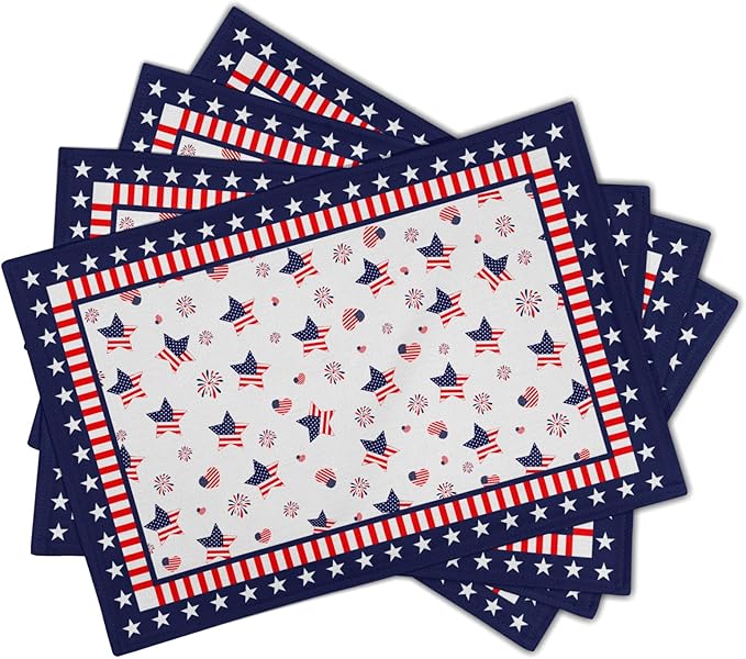 Giwawa 4th of July Placemats for Kitchen Dining, 12x18Inch Patriotic American Flag USA Stars Linen Table Place Mats Non-Slip Heat Resistance Set of 4 for Independence Day Holiday Party Decor