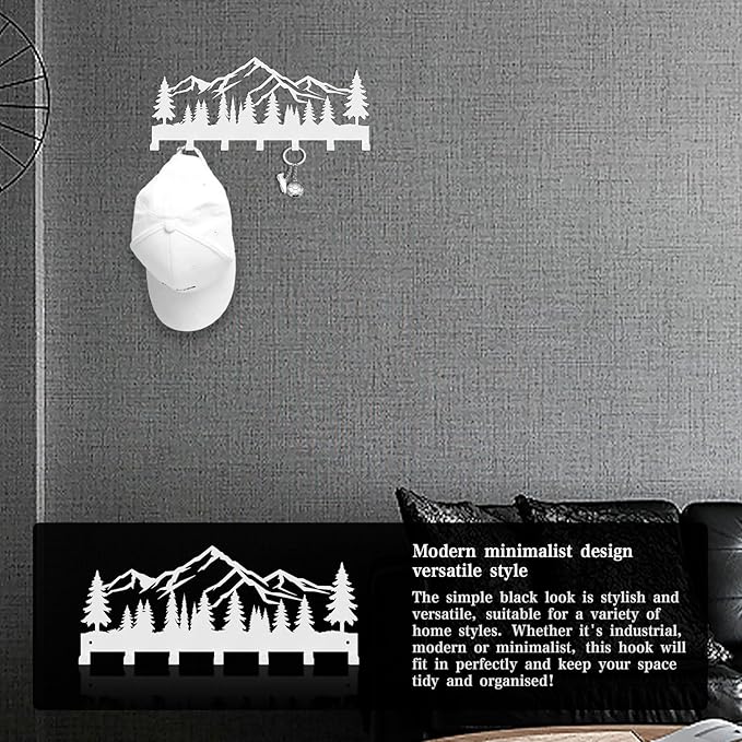 Key Holder Wall Mounted Key Hooks, White Metal Key Rack Hooks, Little Grove, Mountain Theme Wall Decoration Hooks, with 7 Hooks, Applicable to Front Doors, Lobby,Corridor, Offices (12 ")