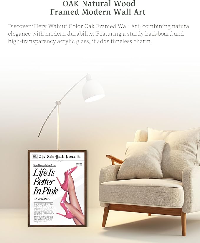 iHery Natural OAK Wood Retro Baby Pink News Walnut Color Framed Wall Art, 12x16 in Life Is Better In Pink Canvas Wall Decor, Modern Trendy Newspaper Art For Bedroom Bathroom Living Room 1Pack