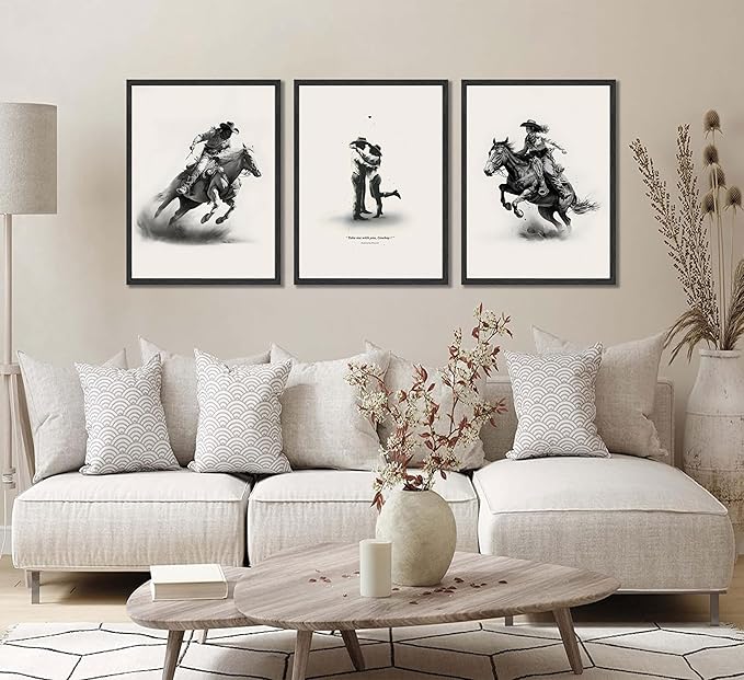 3 Pcs Western Cowboy Wall Canvas Art Simple Romantic Cowboy Couple Posters prints Paintings Western Eclectic Wall Decor Pictures for Living room and bedroom home Decor Unframed