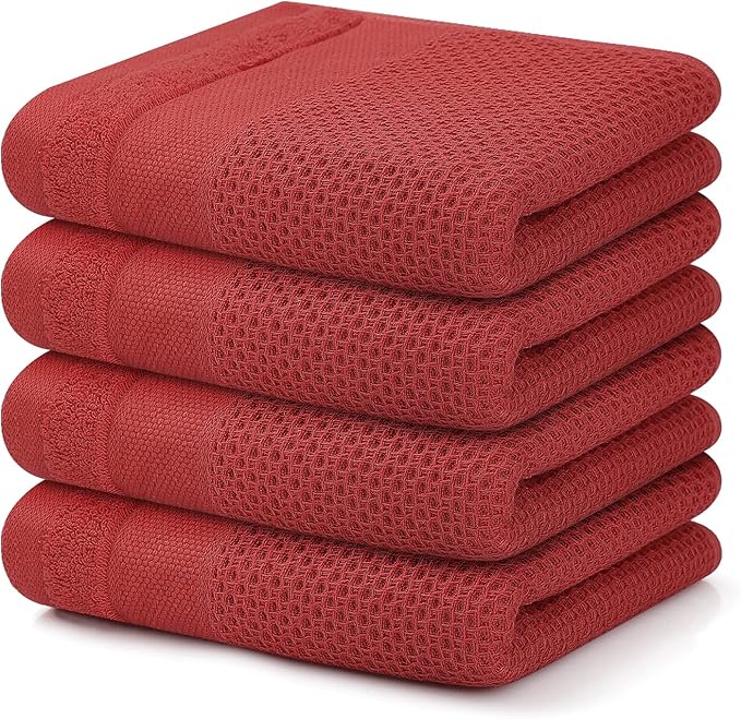 Homaxy 100% Cotton Waffle Weave Kitchen Towels, 13 x 28 Inches Super Absorbent and Machine Washable Dish Towels for Drying Dishes, 4-Packs, Red